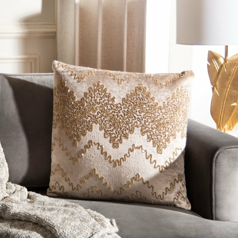 Safavieh Throw Pillow Beaded Gold Sparkle Velvet Golden Beige 18” Square NWT